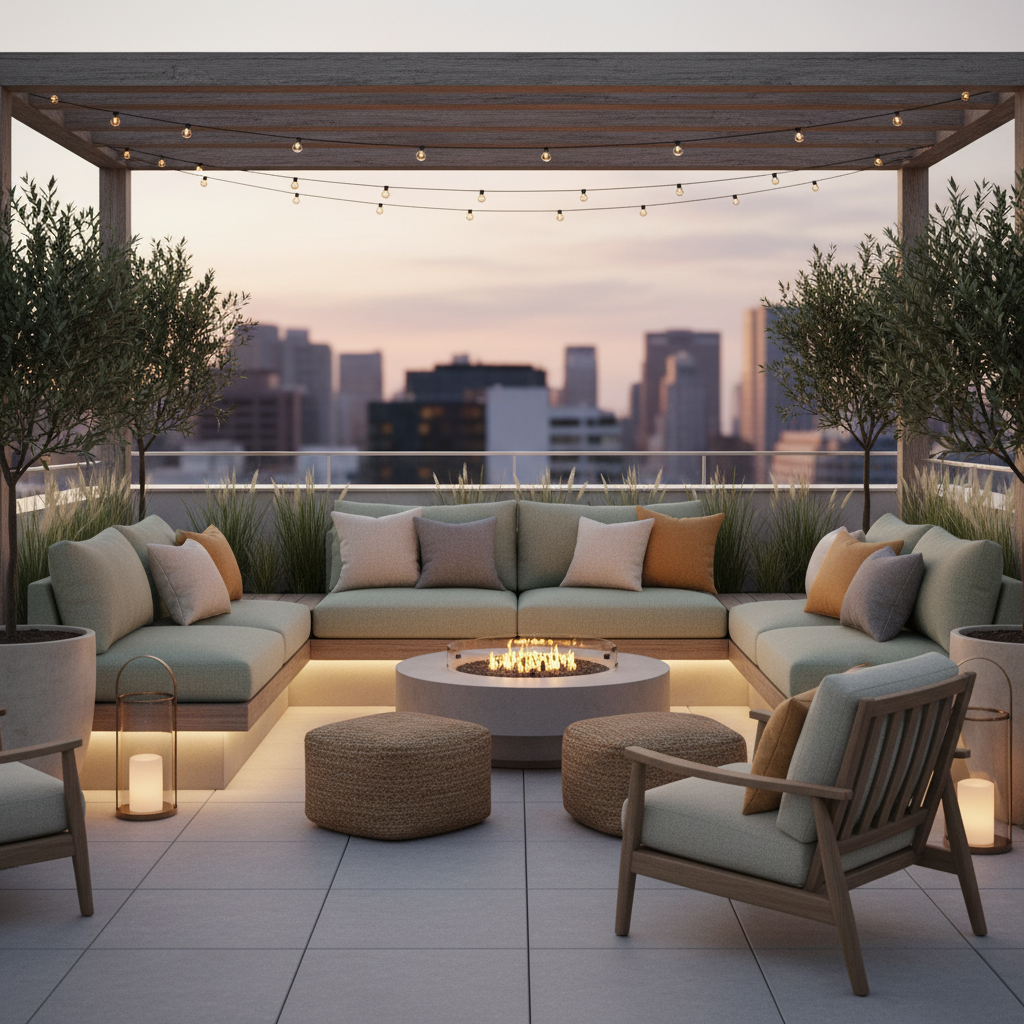 a neutral, minimalist photo of a beautiful city rooftop terrace at sunset with comfortable seating and soft lighting, conveying a calm, welcoming atmosphere for social gatherings, in a muted color palette that fits sage green and warm neutrals