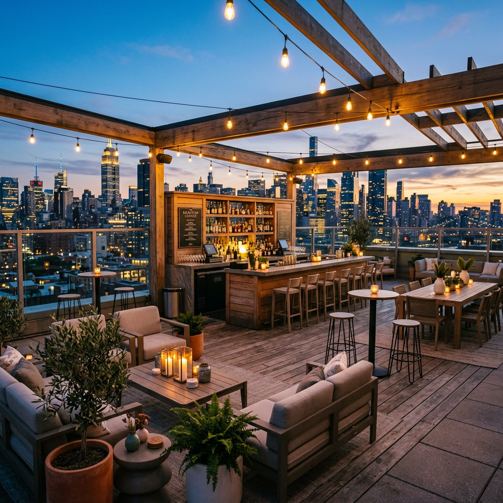 Rooftop bar with seating and string lights against city skyline at dusk
